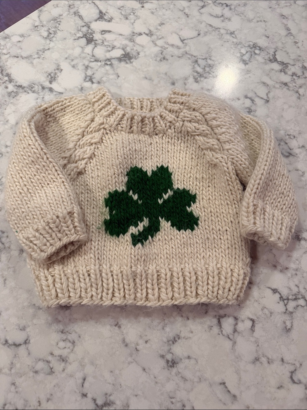 Cream Knit Infant Sweater with Green Clover Motif